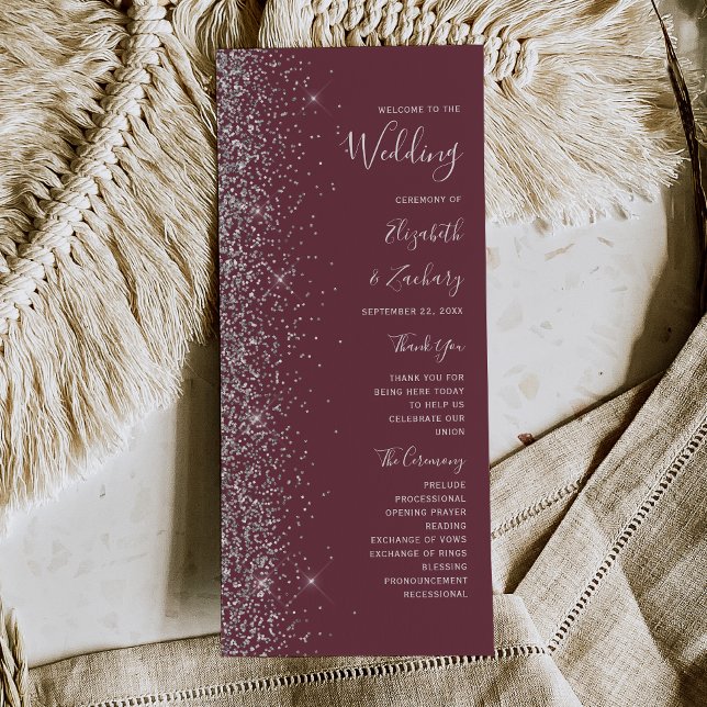 Modern Burgundy Silver Glitter Wedding Program (Creator Uploaded)