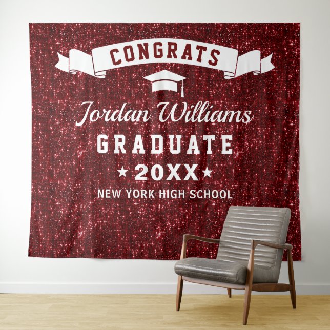 Modern Burgundy Sparkle Graduation Photo Backdrop Tapestry (In Situ (Horizontal))