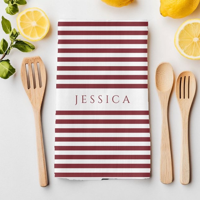 Modern Burgundy Striped Pattern Name Tea Towel (Modern Burgundy Striped Pattern Name Kitchen Towel)