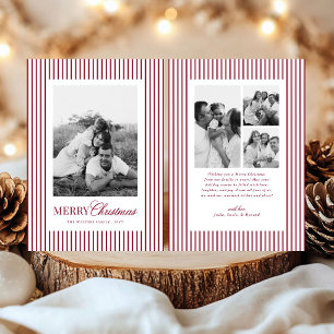 Modern Burgundy Stripes Christmas Family 4 Photos Holiday Card