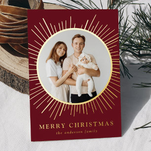 Modern Burgundy Sunburst Merry Christmas 2 Photo