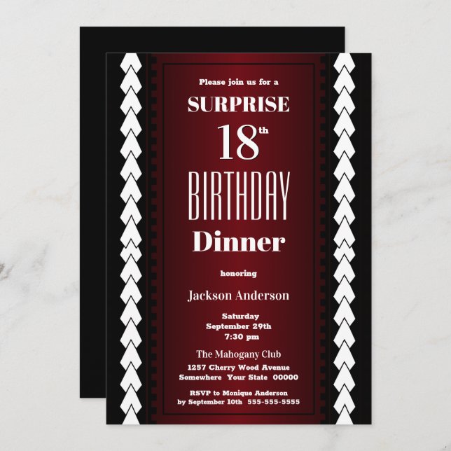 Modern Burgundy Surprise 18th Birthday Dinner Invitation (Front/Back)