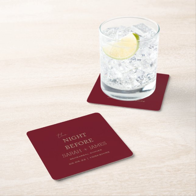 Modern Burgundy The Night Before Rehearsal Dinner  Square Paper Coaster (Insitu)
