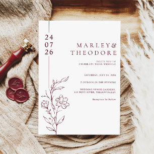 Modern Burgundy Typography Floral Line Art Wedding Invitation