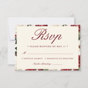 Modern Burgundy Vintage Ivory Floral Wedding RSVP Card