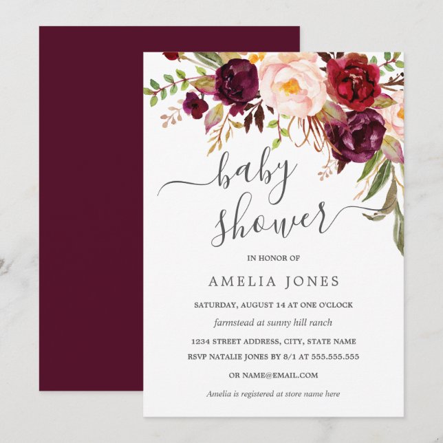 Modern Burgundy Watercolor Floral Baby Shower Invitation (Front/Back)