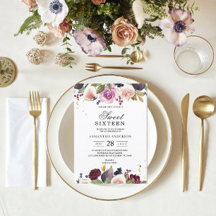 Modern  Burgundy Watercolor Flowers & Berry  Invitation