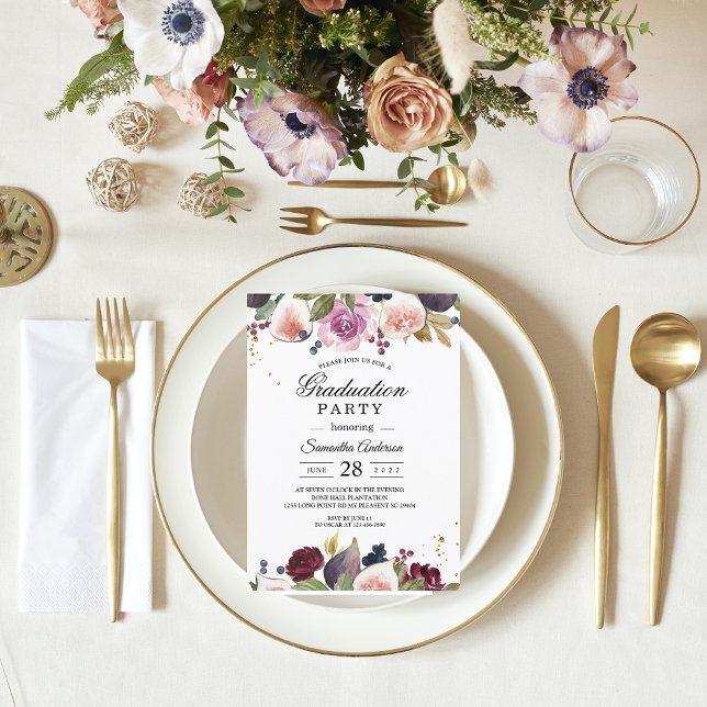 Modern  Burgundy Watercolor Flowers & Berry  Invitation (Creator Uploaded)