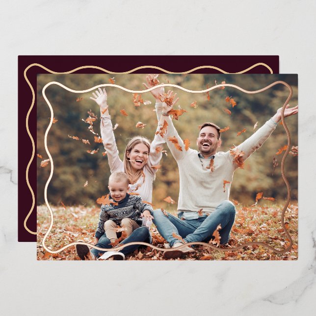 Modern Burgundy Wavy Frame Thanksgiving Photo Card (Front/Back)