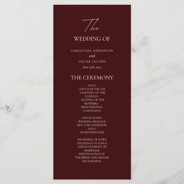 Modern Burgundy Wedding Ceremony Program | Menu (Front)