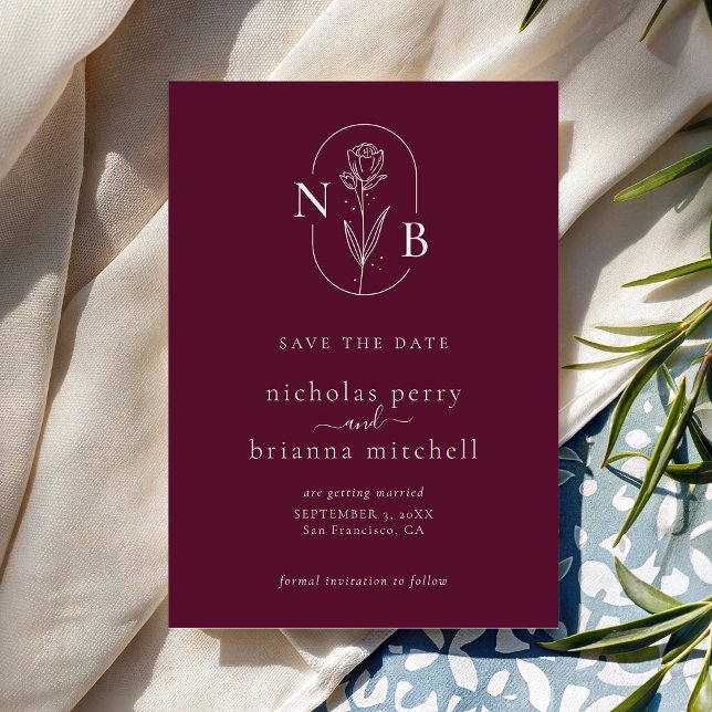 Modern Burgundy Wedding Monogram Minimalist Save The Date (Creator Uploaded)