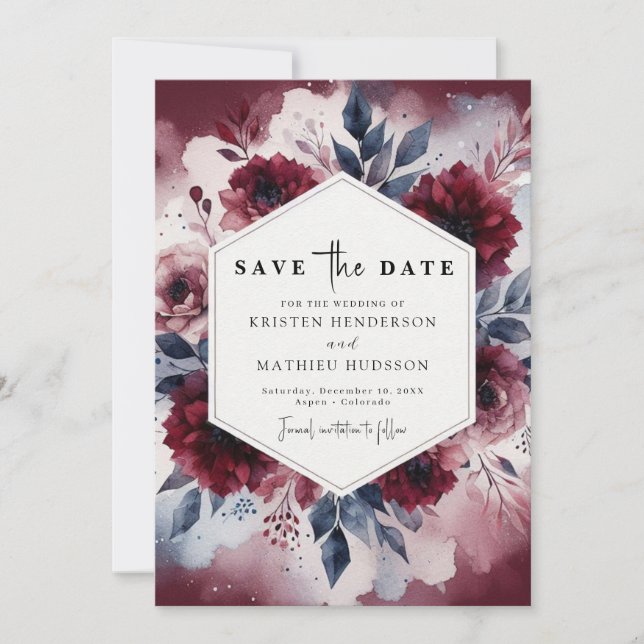  Modern Burgundy Wedding Save The Date (Front)