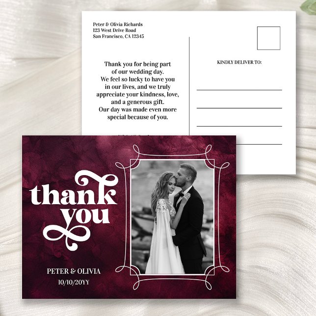 Modern Burgundy Wedding Thank You Photo Postcard (Creator Uploaded)