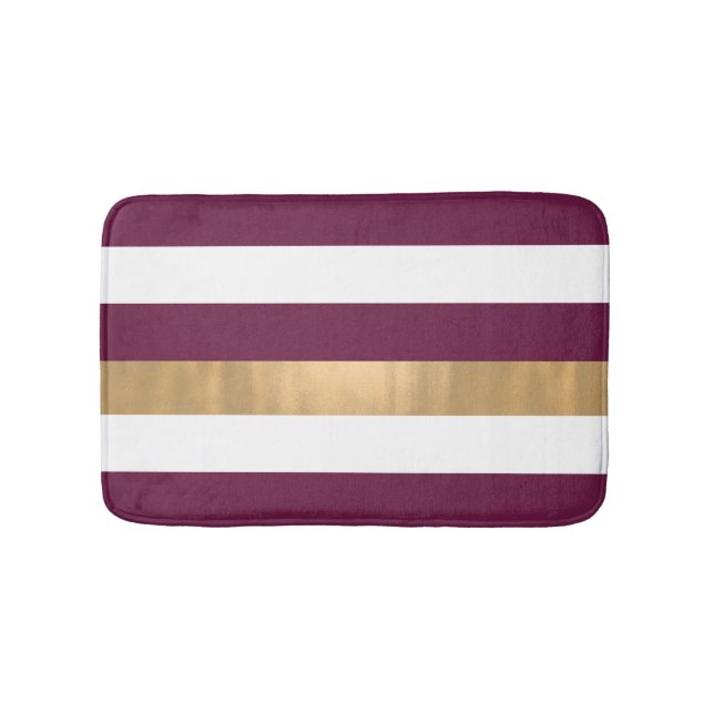 Modern Burgundy White and Gold Striped Bath Mat (Front)