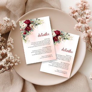 Modern Burgundy White Floral Gold Wedding Info  Enclosure Card