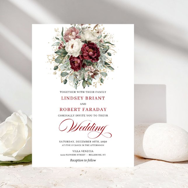 Modern Burgundy White Floral Gold Wedding Invite (Modern Burgundy White Floral Gold Wedding Invitation)