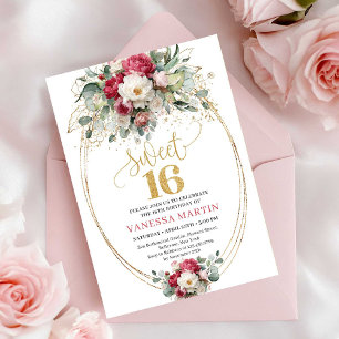 Modern Burgundy White Floral Sweet Sixteen Invites