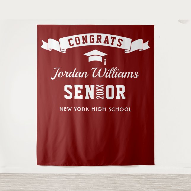 Modern Burgundy White Graduation Photo Backdrop Tapestry (Front)