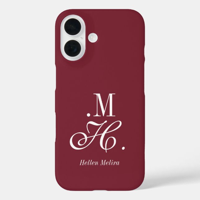 Modern Burgundy White Monogram Name Case-Mate iPhone Case (Back)