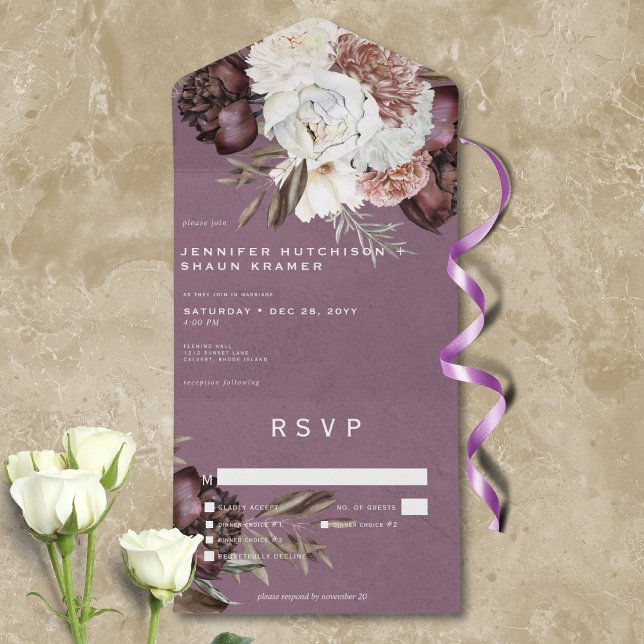 Modern Burgundy & White Peonies & Roses Dinner All In One Invitation (Modern Burgundy & White Peonies & Roses Dinner All In One Invitation)
