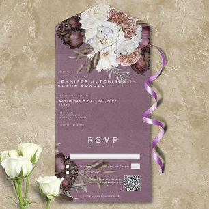 Modern Burgundy & White Peonies & Roses QR Code All In One Invitation