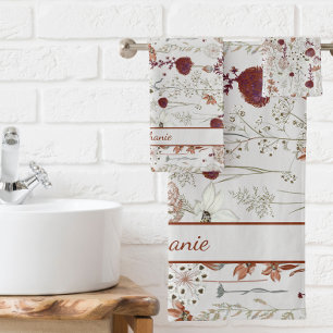 Modern Burgundy Wildflowers Elegant Boho Floral Bath Towel Set