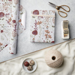 Modern Burgundy Wildflowers   Elegant Boho Floral  Wrapping Paper