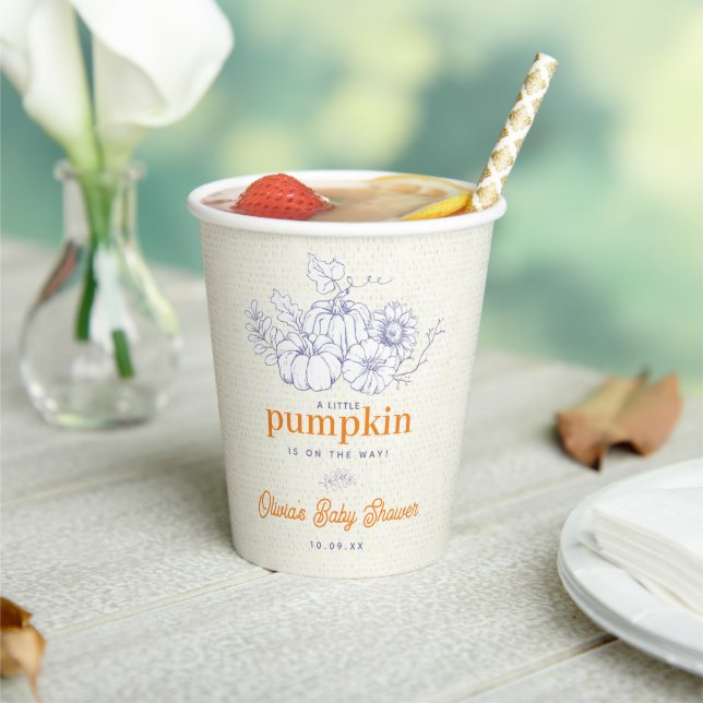 Modern Burlap Blue Orange Pumpkin Baby Shower Paper Cups (Insitu)