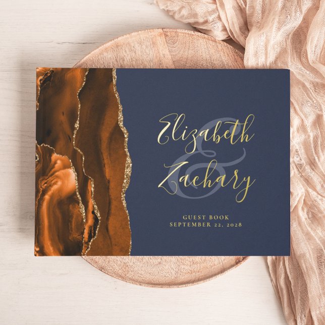 Modern Burnt Orange Agate Gold Script Navy Blue Guest Book (Creator Uploaded)