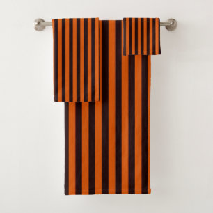 Modern Burnt Orange and Black Stripes Autumn Fall Bath Towel Set