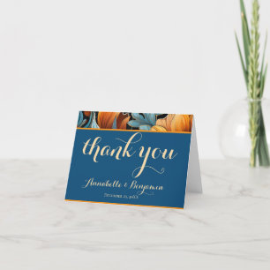 Modern Burnt Orange and Blue Floral Wedding Thank You Card