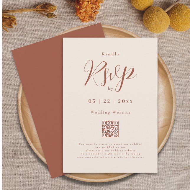 Modern Burnt Orange Beige Elegant Script Wedding RSVP Card (Burnt orange and beige elegant script wedding invitation rsvp qr code enclosure card)
