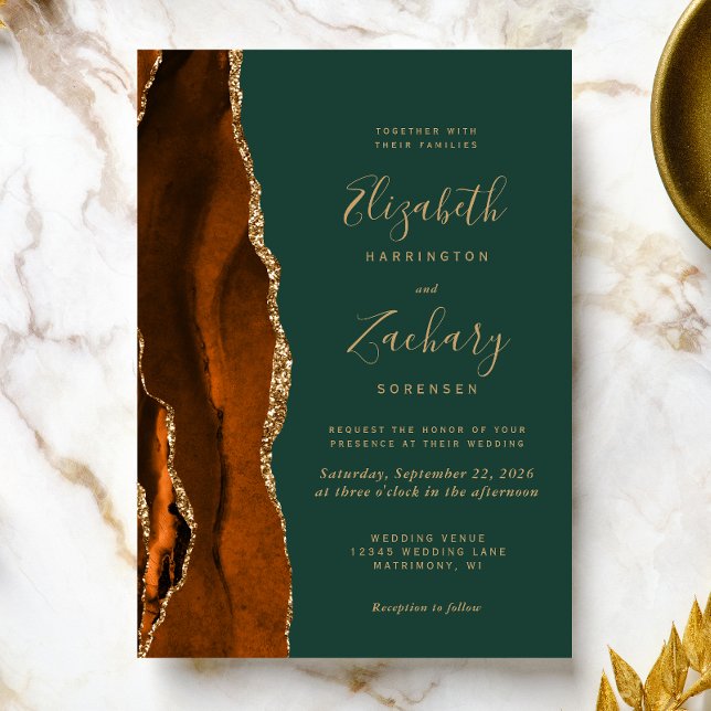 Modern Burnt Orange Dark Green Agate Wedding Invitation (The perfect choice for a rust and emerald green themed wedding.)