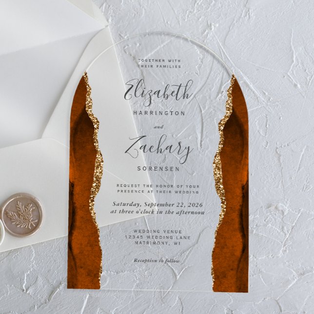 Modern Burnt Orange Gold Agate Arch Wedding Acrylic Invitations (Creator Uploaded)