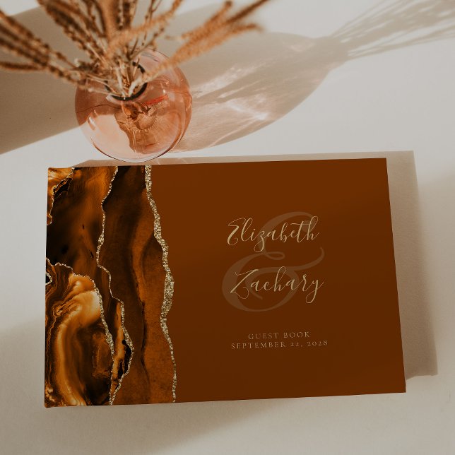 Modern Burnt Orange Gold Agate Brown Guest Book (Creator Uploaded)