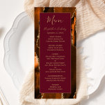 Modern Burnt Orange Gold Agate Burgundy Wedding Menu<br><div class="desc">This elegant,  modern wedding menu features a watercolor burnt orange agate background trimmed with gold faux glitter. The text appears in elegant gold coloured handwriting and copperplate fonts on a burgundy rectangle. The agate design is repeated on the reverse.</div>