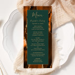 Modern Burnt Orange Gold Agate Dark Green Wedding Menu<br><div class="desc">This elegant,  modern wedding menu features a watercolor burnt orange agate background trimmed with gold faux glitter. The text appears in elegant gold-coloured handwriting and copperplate fonts on a dark green rectangle. The agate design is repeated on the reverse.</div>