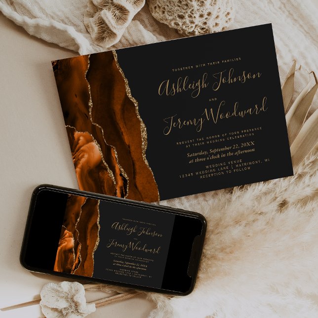 Modern Burnt Orange Gold Agate Dark Wedding Invitation (Creator Uploaded)