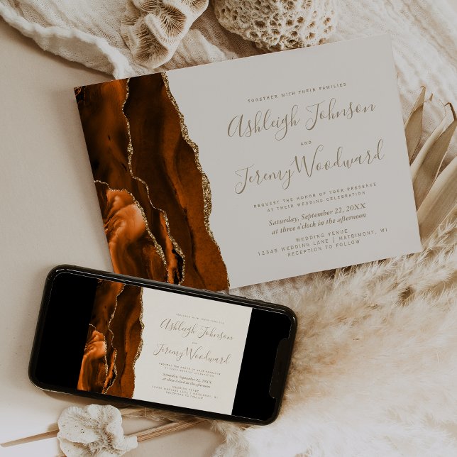 Modern Burnt Orange Gold Agate Ivory Wedding Invitation (Creator Uploaded)