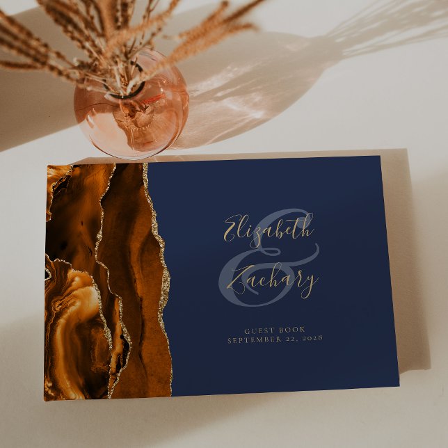 Modern Burnt Orange Gold Agate Navy Blue Guest Book (Creator Uploaded)