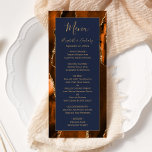 Modern Burnt Orange Gold Agate Navy Blue Wedding Menu<br><div class="desc">This elegant,  modern wedding menu features a watercolor burnt orange agate background trimmed with gold faux glitter. The text appears in elegant gold coloured handwriting and copperplate fonts on a dark navy blue rectangle. The agate design is repeated on the reverse.</div>