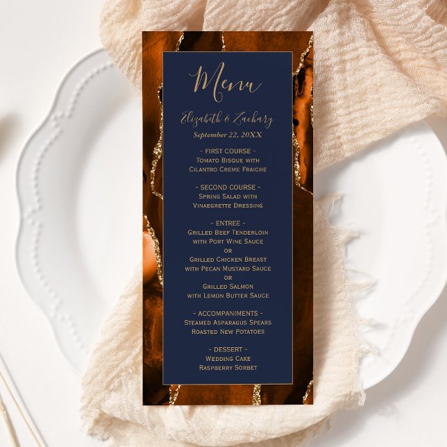 Modern Burnt Orange Gold Agate Navy Blue Wedding Menu (Creator Uploaded)