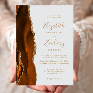 Modern Burnt Orange Gold Agate Pale Gray Wedding Invitation