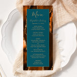 Modern Burnt Orange Gold Agate Teal Wedding Menu<br><div class="desc">This elegant,  modern wedding menu features a watercolor burnt orange agate background trimmed with gold faux glitter. The text appears in elegant gold-coloured handwriting and copperplate fonts on a teal blue rectangle. The agate design is repeated on the reverse.</div>