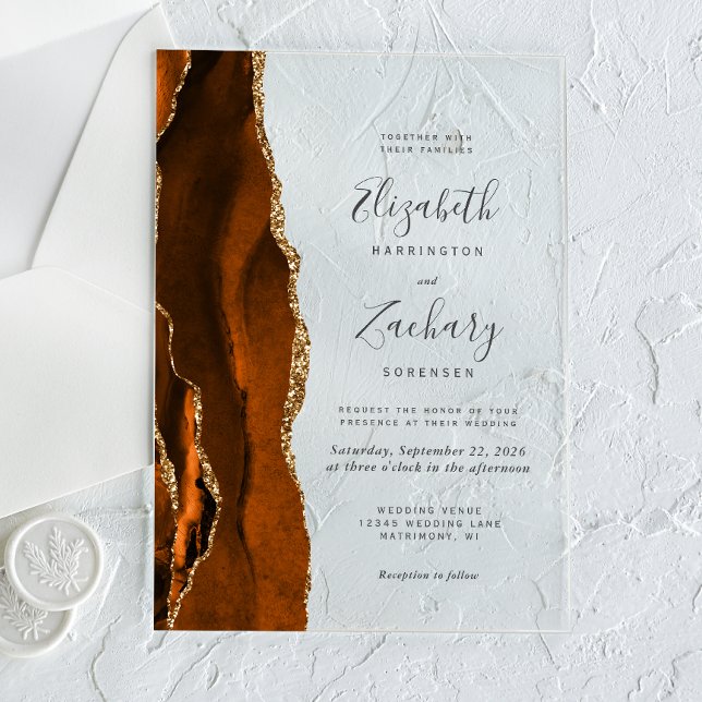 Modern Burnt Orange Gold Agate Wedding Acrylic Invitations (Creator Uploaded)