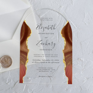 Modern Burnt Orange Gold Agate Wedding Arch Acrylic Invitations