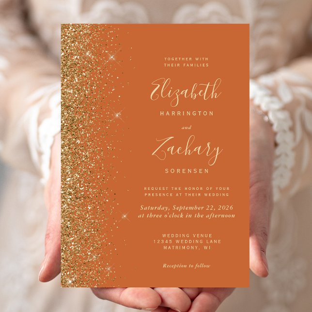 Modern Burnt Orange Gold Faux Glitter Edge Wedding Invitation (Creator Uploaded)