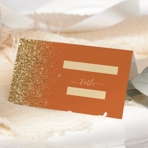 Modern Burnt Orange Gold Glitter Edge Wedding Place Card
