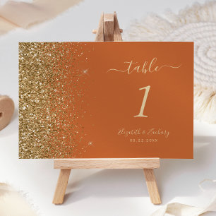Modern Burnt Orange Gold Glitter Edge Wedding Table Number