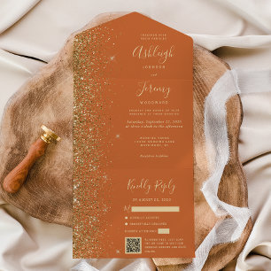 Modern Burnt Orange Gold Glitter QR Code Wedding All In One Invitation